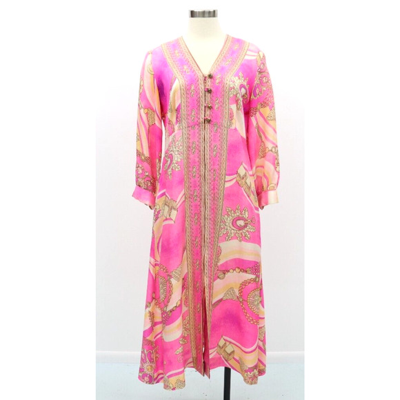 Vintage DELA-ANN Novelty Pink Glam Jewelry Print Lounge Kaftan Dress 1960's M - Picture 2 of 16